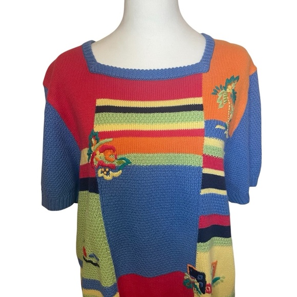 Koret Francisca Vintage Colorful Short Sleeve Embroidered Coastal Sweater XL - Picture 2 of 10